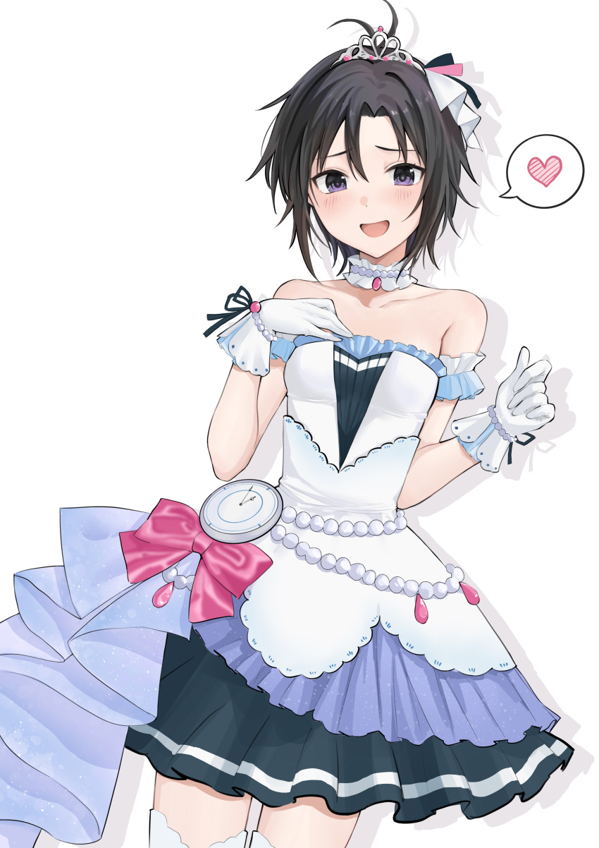 1girl absurdres aburi-gatana antenna_hair arm_garter bare_shoulders black_hair blush breasts choker collarbone cowboy_shot dress frilled_choker frills gloves heart highres idolmaster idolmaster_(classic) idolmaster_cinderella_girls kikuchi_makoto looking_at_viewer open_mouth pendant_watch purple_eyes shadow short_hair simple_background small_breasts smile solo spoken_heart starry_sky_bright_(idolmaster) strapless strapless_dress tiara watch white_background white_choker white_dress white_gloves