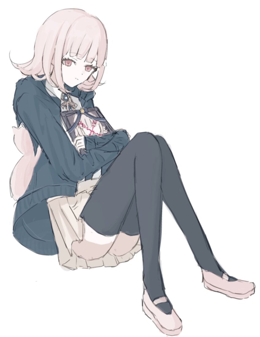 1girl animal_bag ass black_thighhighs brown_hair brown_skirt cat_bag closed_mouth danganronpa_(series) danganronpa_2:_goodbye_despair dontsu_(illu5i0ns) flipped_hair hair_ornament highres iei jacket medium_hair miniskirt nanami_chiaki pink_bag pink_eyes pleated_skirt ribbon shirt shoes simple_background skirt solo spaceship_hair_ornament thighhighs