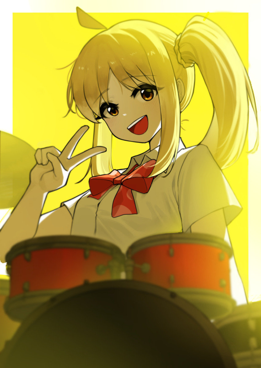 1girl absurdres ahoge backlighting blonde_hair blurry blurry_foreground bocchi_the_rock! border bow bowtie braid collared_shirt commentary_request depth_of_field drum drum_set hand_up highres ijichi_nijika instrument long_hair looking_at_viewer moving_gun open_mouth outside_border parted_bangs polka_dot polka_dot_bow polka_dot_bowtie red_bow red_bowtie school_uniform shimokitazawa_high_school_uniform shirt short_sleeves side_ponytail side_ponytail_with_braided_base simple_background smile solo v white_border white_shirt wing_collar yellow_background yellow_eyes yellow_theme