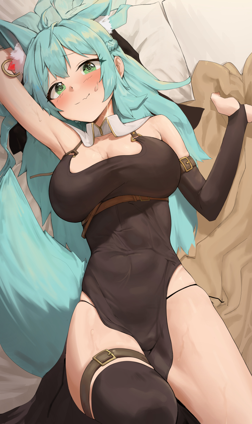 1girl absurdres animal_ear_fluff animal_ears aqua_hair belt black_thighhighs borrowed_character breasts cleavage closed_mouth covered_navel fang fox_ears fox_girl fox_tail green_eyes highres large_breasts leg_belt long_hair looking_at_viewer lying on_back original pillow single_thighhigh sister_reine_(foxyreine) skin_fang solo sweat sweatdrop tail thighhighs thighs tonki