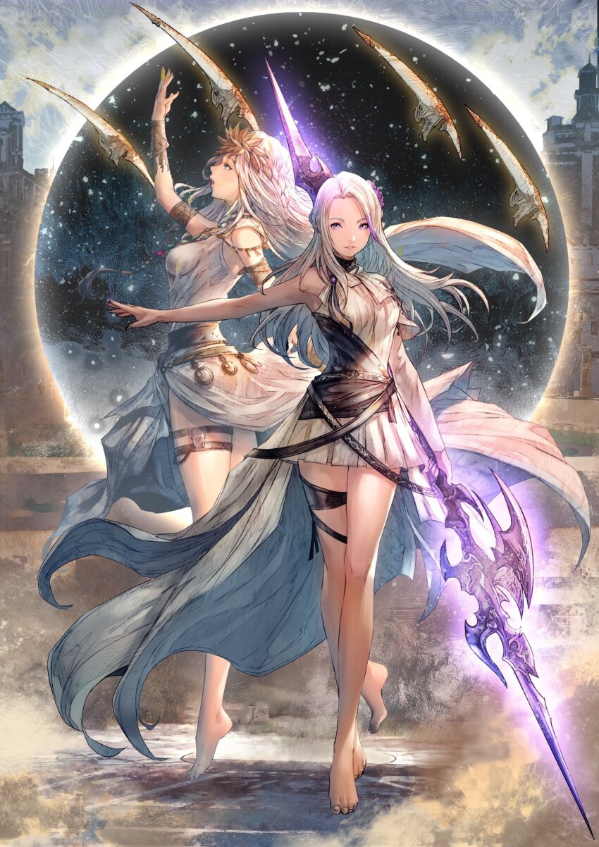 2girls ancient_greek_clothes bare_shoulders barefoot breasts dress final_fantasy final_fantasy_xiv greco-roman_clothes grey_hair highres himation holding holding_polearm holding_weapon hyur long_hair multiple_girls polearm purple_eyes shukei single_sleeve sleeveless thigh_strap warrior_of_light_(ff14) weapon white_dress