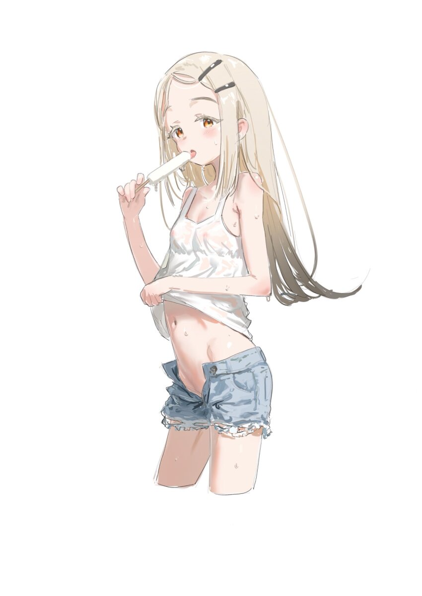 1girl arisu_syndrome armpit_crease bare_arms bare_shoulders blonde_hair blue_shorts clothes_lift colored_eyelashes cropped_legs cutoffs denim denim_shorts flat_chest food forehead gakuen_idolmaster gradient_hair groin hair_ornament hairclip hands_up highres holding holding_food holding_popsicle idolmaster licking lifting_own_clothes light_blush long_hair looking_at_viewer melting_popsicle multicolored_hair navel nipples no_panties open_fly open_mouth orange_eyes parted_bangs popsicle presenting presenting_stomach see-through_clothes see-through_tank_top shinosawa_hiro shirt_lift short_shorts shorts sidelocks simple_background solo standing stomach sweat tank_top tongue tongue_out variant_set wet wet_clothes white_background white_tank_top