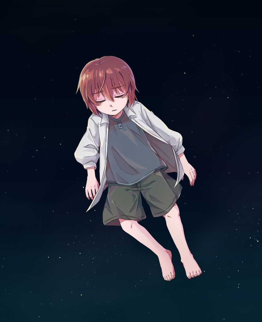 1girl absurdres barefoot child closed_eyes delfuze floating full_body green_shorts grey_shirt hatori_chise highres jacket mahou_tsukai_no_yome open_clothes open_jacket parted_lips red_hair shirt short_hair shorts solo white_jacket