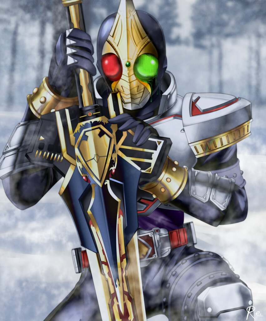 1boy absurdres armor black_bodysuit blay_buckle blay_rouzer bodysuit bracelet commentary_request gloves highres holding holding_sword holding_weapon kamen_rider kamen_rider_blade kamen_rider_blade_(jack_form) kamen_rider_blade_(series) knight male_focus reiei_8 reverse_grip rider_belt shoulder_armor spade_(shape) struggling studded_bracelet sword transformation weapon winter