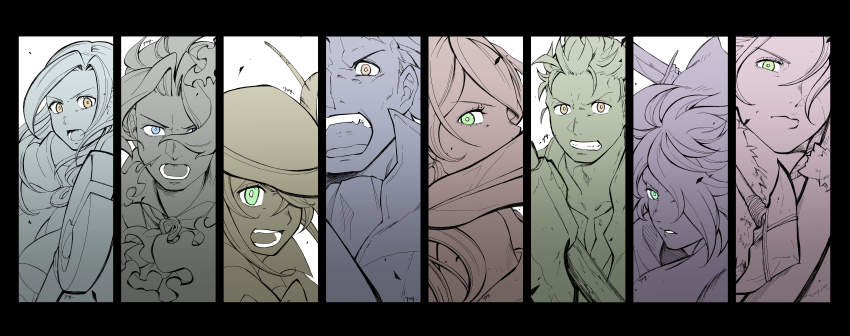 4boys 4girls absurdres aiming aiming_at_viewer alfyn_greengrass arrow_(projectile) ascot axe black_border blue_eyes border bow_(weapon) bright_pupils brown_eyes commentary_request covering_own_mouth cyrus_albright everyone green_eyes h&#039;aanit_(octopath_traveler) hair_over_one_eye hat highres holding holding_axe knife limited_palette long_hair looking_at_viewer looking_to_the_side multiple_boys multiple_girls octopath_traveler octopath_traveler_i olberic_eisenberg one_eye_covered open_mouth ophilia_clement parted_hair primrose_azelhart short_hair staff therion_(octopath_traveler) tressa_(octopath_traveler) tressa_colzione upper_body weapon white_pupils yellow_eyes yomogimo_chi
