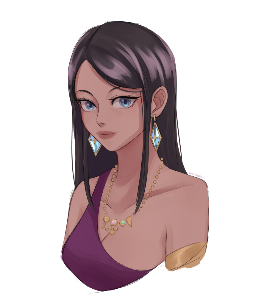 1girl absurdres armlet artist_name black_hair blue_eyes breasts closed_mouth cocoyashin commentary cropped_torso earrings english_commentary female_focus highres jewelry long_hair looking_at_viewer medium_breasts necklace nico_robin official_alternate_costume one_piece one_piece_film:_z purple_shirt shirt sidelocks simple_background single-shoulder_shirt smile solo straight_hair tsurime white_background