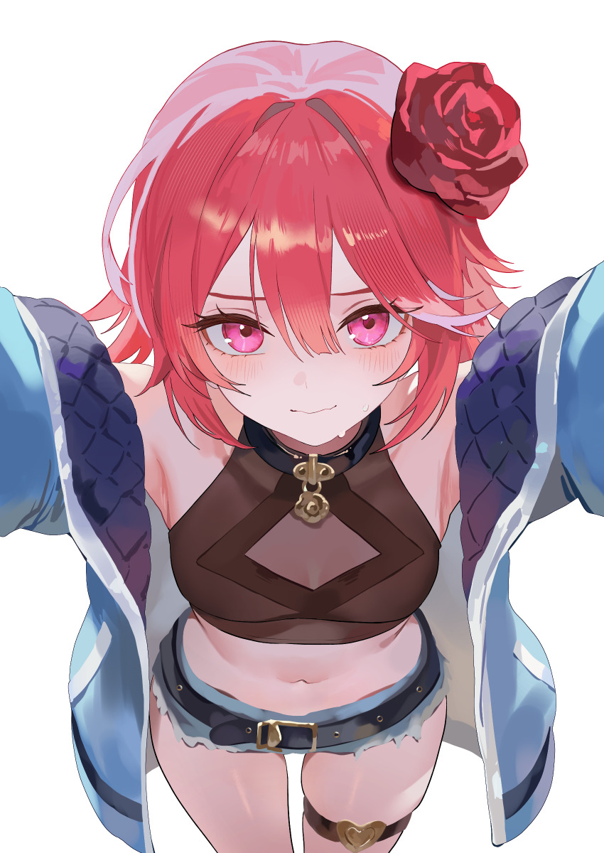 1girl absurdres armpits arms_up bare_shoulders belt black_belt black_choker blue_jacket blue_shorts blush breasts choker closed_mouth commentary_request cowboy_shot crop_top flower from_above hair_between_eyes hair_flower hair_ornament highres jacket looking_at_viewer medium_hair micro_shorts navel nbee_ya open_clothes open_jacket original pink_eyes red_flower red_hair see-through_cleavage see-through_clothes shorts sidelocks simple_background small_breasts solo stomach sweatdrop thigh_strap white_background