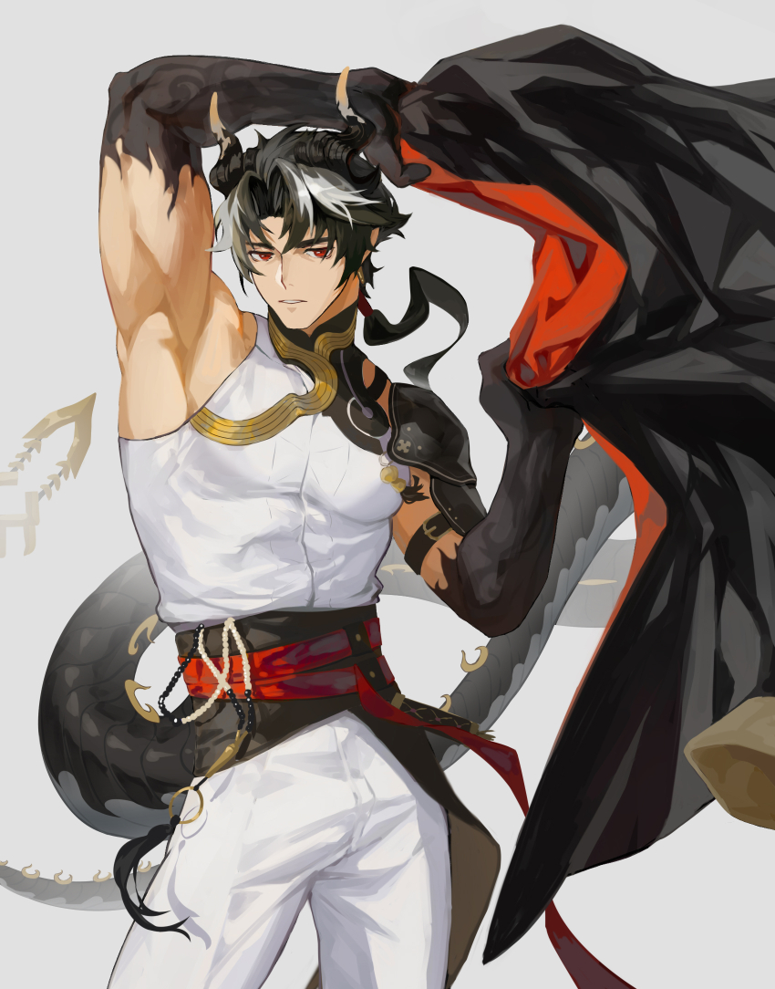 1boy arknights armpits arms_up chongyue_(arknights) coat covered_pectorals cowboy_shot curtained_hair daziran_de_duqiyan dragon_tail highres holding holding_coat holding_unworn_clothes horns large_pectorals looking_at_viewer male_focus muscular muscular_male pants parted_lips pectorals red_eyes solo tail unworn_coat white_background white_hair white_pants