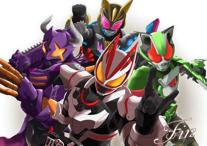 +_+ 1girl 3boys absurdres animal_ears armor axe beat_axe beat_buckle belt black_background black_bodysuit black_gloves bodysuit boots buffalo bull cat_ears chainsaw claw_(weapon) clenched_hand commentary_request compound_eyes cowboy_shot desire_driver rider_belt earpiece fighting_stance foreshortening fox fox_mask gears gloves glowing glowing_eyes gradient_background green_armor guitar gun highres holding holding_instrument holding_weapon horns instrument kamen_rider kamen_rider_buffa kamen_rider_geats kamen_rider_geats_(series) kamen_rider_na-go kamen_rider_tycoon keytar kitsune leaf long_hair looking_at_viewer magnum_boost magnum_shooter_40x male_focus mask microphone miyabi_(037) multicolored_background multiple_boys music ninja ninja_buckle ninja_dueler open_hands orange_background over_shoulder pink_eyes playing_instrument pointing pointing_at_viewer purple_hair raccoon_ears raise_buckle red_eyes reverse_grip rifle scarf shoulder_armor shoulder_spikes sparkle spikes sword tanuki tokusatsu two-tone_background upper_body weapon weapon_over_shoulder white_armor zombie_breaker zombie_buckle