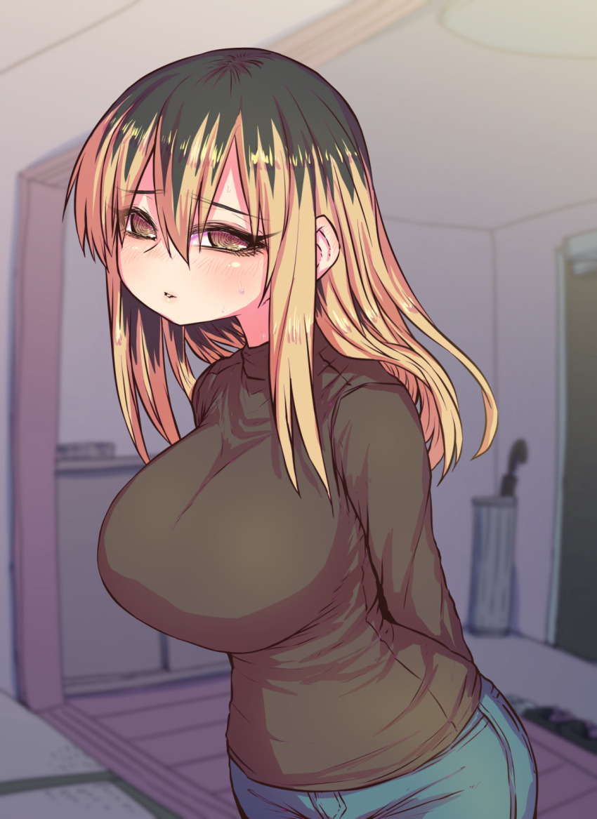 1girl @_@ arms_behind_back bed black_hair black_sweater black_tail black_wings blonde_hair blush breasts brown_hair brown_shirt denim dress glasses highres horns jeans kinjo_no_hito_no_nakimushi large_breasts long_hair long_sleeves looking_at_viewer looking_down multicolored_hair ochiai_(kinjo_no_hito_no_nakimushi) pants shirt shouji sliding_doors sweater tail tears top-load_washing_machine two-tone_hair umbrella upper_body washing_machine wings zyugoya