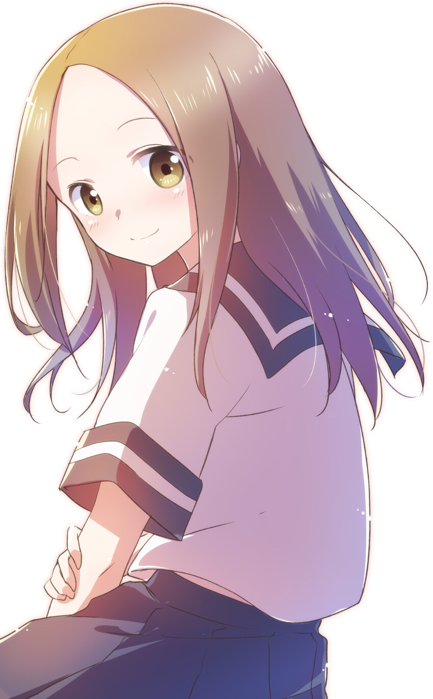 1girl absurdres back_peek blue_sailor_collar blue_skirt brown_eyes brown_hair closed_mouth commentary from_behind highres holding_own_arm karakai_jouzu_no_takagi-san long_hair looking_at_viewer looking_back nyaa_(nnekoron) sailor_collar school_uniform serafuku shirt simple_background skirt smile solo takagi-san white_background white_shirt