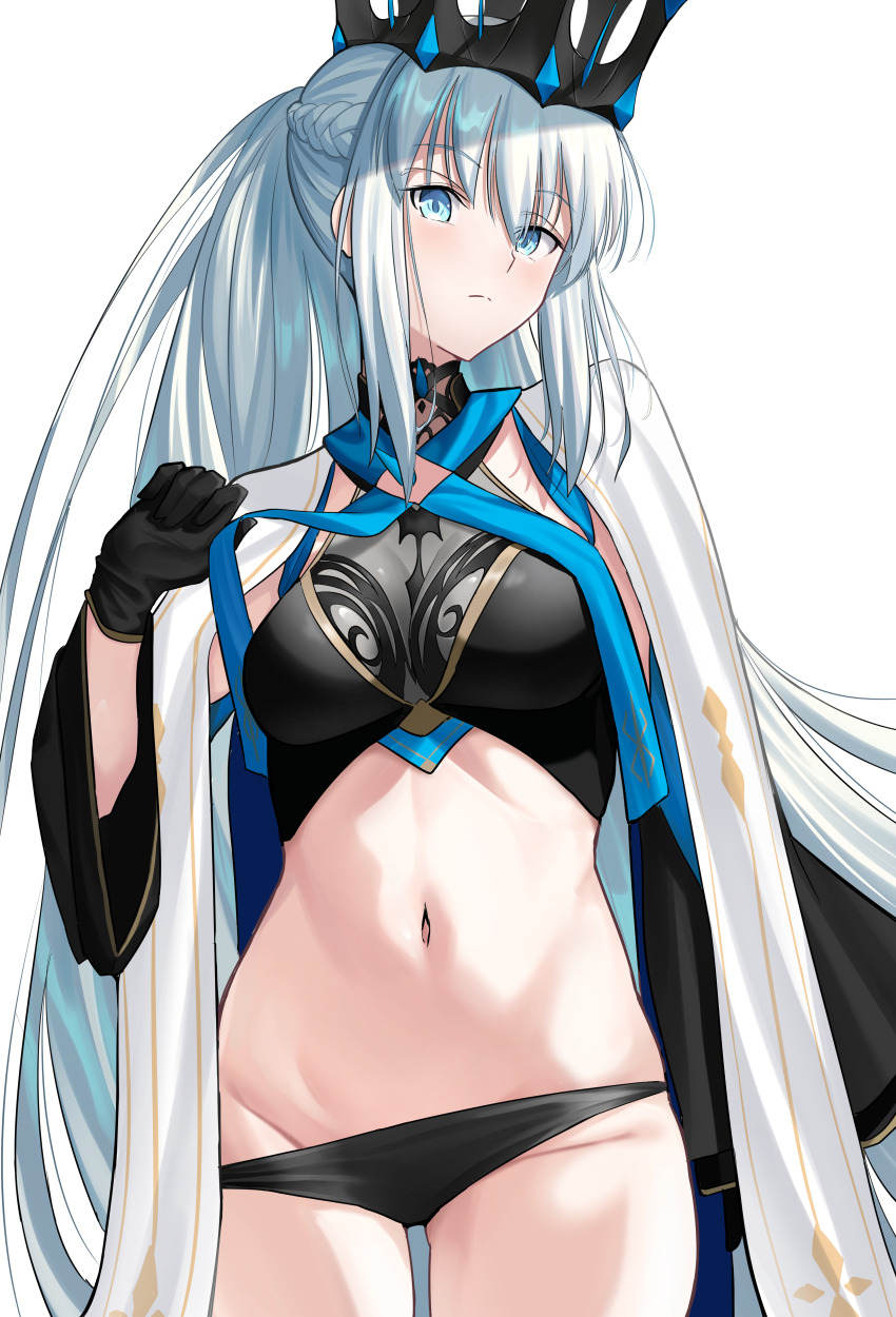 1girl absurdres black_bow black_bra black_gloves black_panties blue_eyes bow bra braid breasts coat crown faerie_knights_(fate) fate/grand_order fate_(series) gloves hair_between_eyes half_up_braid highres large_breasts long_hair longdq3008 looking_at_viewer morgan_le_fay_(fate) morgan_le_fay_(queen_of_winter)_(fate) navel panties ponytail simple_background solo thighs underwear very_long_hair white_coat white_hair