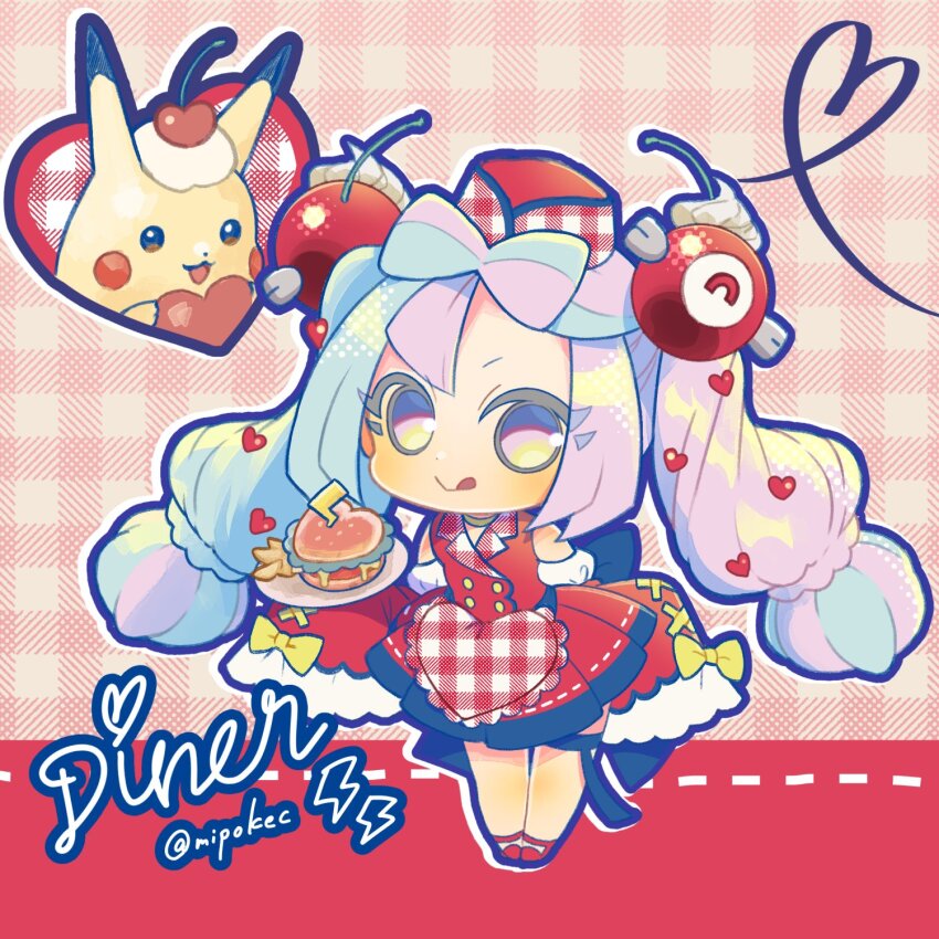 :p alternate_costume apron bare_shoulders blue_hair bow bow-shaped_hair character_hair_ornament cherry_hair_ornament chibi chibi_only detached_sleeves dress eyelashes food-themed_hair_ornament full_body gen_1_pokemon hair_ornament heart_apron highres iono_(pokemon) looking_at_viewer mipokec multicolored_hair nintendo pikachu pikachu_(assorted_chocolates_2024) pink_eyes pink_hair pokemon pokemon_(creature) pokemon_sv red_dress thigh_strap tongue tongue_out twintails twitter_username two-tone_hair yellow_bow