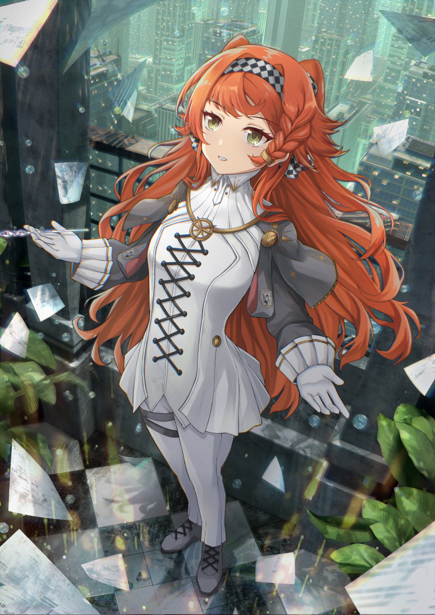 1girl absurdres agiri_(agiri_box) braided_sidelock checkered_floor city collared_dress dress from_above full_body glass_pen gloves green_eyes grey_cloak grey_footwear grey_sleeves hand_up high_collar highres holding holding_pen indoors long_hair long_sleeves orange_hair pants pants_under_dress paper parted_lips pen plant puffy_long_sleeves puffy_sleeves railing reverse:1999 solo sonetto_(reverse:1999) standing two_side_up white_dress white_gloves white_pants window