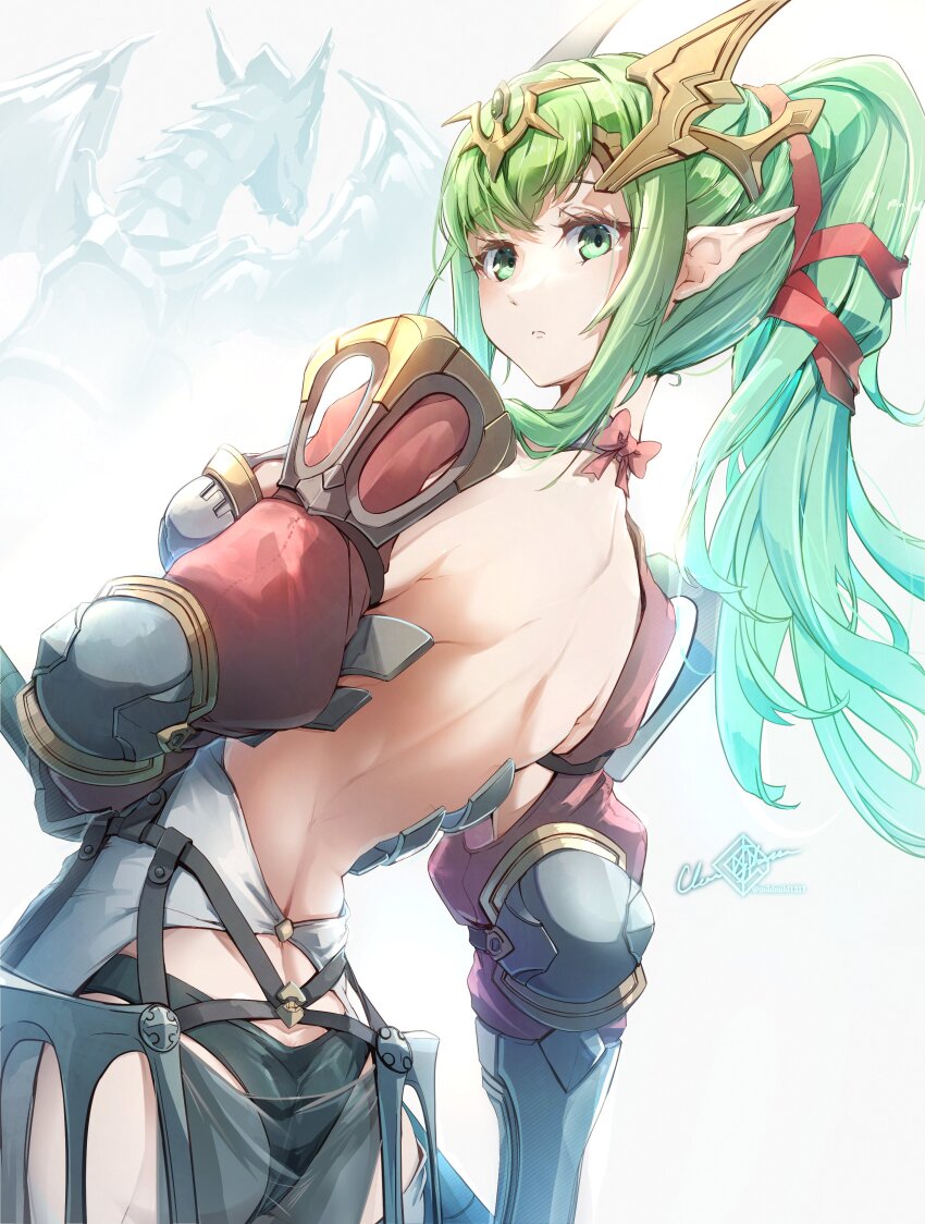 1girl absurdres alternate_costume armor ass back backless_outfit black_panties breasts butt_crack clear_glass_(mildmild1311) closed_mouth dragon dress fire_emblem fire_emblem_awakening from_behind green_eyes green_hair hair_ornament hairband highres long_hair looking_at_viewer looking_back medium_breasts nintendo panties pelvic_curtain pointy_ears ponytail ribbon see-through_clothes shoulder_armor solo tiara tiki_(adult)_(fire_emblem) tiki_(fire_emblem) underwear upper_body wyvern