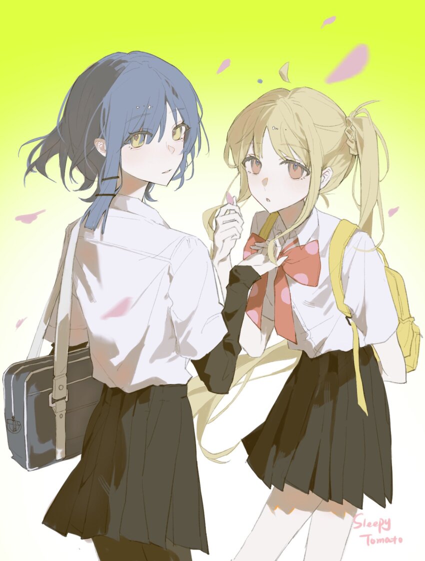 2girls ahoge blonde_hair blue_hair bocchi_the_rock! bow bowtie detached_ahoge falling_petals gradient_background hair_ornament highres ijichi_nijika long_hair long_sleeves looking_at_viewer mole mole_under_eye multiple_girls open_mouth petals pink_petals polka_dot_bowtie qiuzijiang red_bow red_bowtie red_eyes school_uniform shimokitazawa_high_school_uniform shirt short_hair simple_background skirt white_shirt yamada_ryo