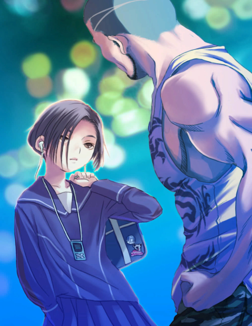 1boy 1girl badge bag beard beard_stubble black_hair blue_bag blue_sailor_collar blue_serafuku blue_skirt blurry blurry_background bob_cut brown_eyes button_badge buzz_cut camouflage camouflage_pants clenched_hand collarbone cowboy_shot digital_media_player earbuds earphones faceoff facial_hair forehead from_side hair_over_one_eye hand_in_pocket hand_up height_difference highres holding holding_bag kobayakawa_rinko large_pectorals long_sleeves love_plus mature_male muscular muscular_male night official_art opposing_sides pants parted_bangs pectorals pleated_skirt sailor_collar school_bag school_uniform serafuku short_hair sidepec skirt standing stubble tank_top very_short_hair white_tank_top winter_uniform