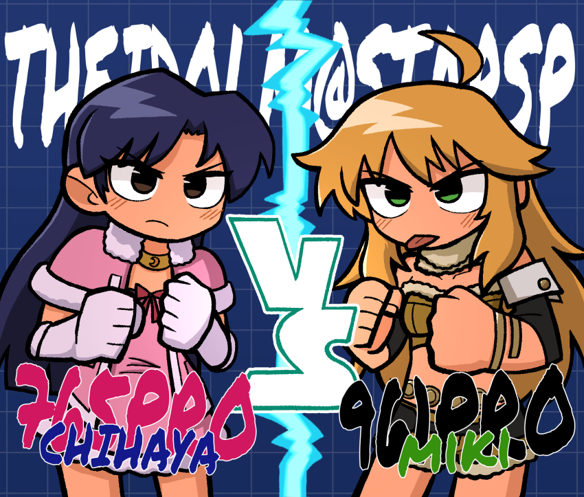 2girls ahoge beyond_the_wishes_(idolmaster) blonde_hair blue_background blue_hair breasts brown_eyes cape cartoonized character_name choker clenched_hands closed_mouth collarbone cowboy_shot cute_&amp;_girly_(idolmaster) detached_sleeves dress elbow_gloves english_text fis_(t83192933) flat_chest fluffy_hair forehead fur-trimmed_tube_top fur_collar fur_trim gloves green_eyes grid_background highres hoshii_miki idolmaster idolmaster_(classic) idolmaster_1 idolmaster_sp kisaragi_chihaya light_blush long_hair multiple_girls official_alternate_costume parted_bangs pink_cape pink_dress sidelocks small_breasts snow_strawberry_(idolmaster) strapless tongue tongue_out toon_(style) tube_top v-shaped_eyebrows vs wavy_hair white_gloves yellow_choker yellow_tube_top