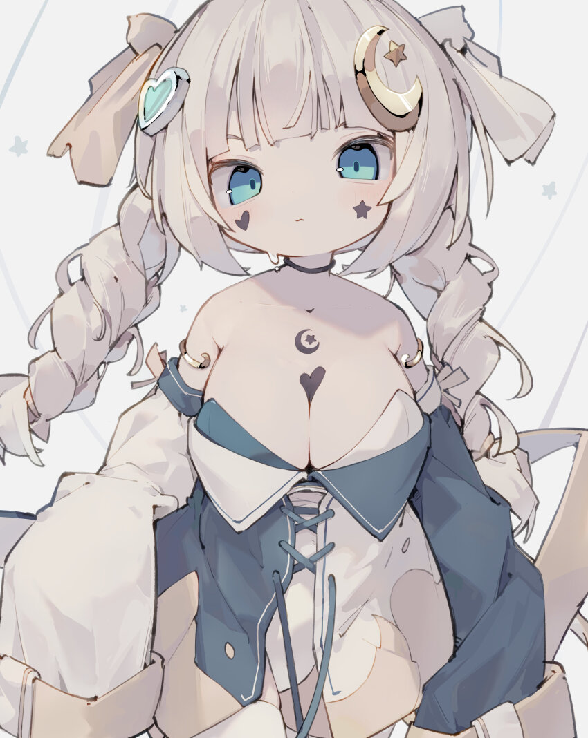 1girl absurdres bare_shoulders black_choker blue_eyes blue_sleeves blush braid breasts choker cleavage closed_mouth collarbone commentary cowboy_shot crescent crescent_hair_ornament dated_commentary detached_sleeves facial_mark hair_ornament heart heart_facial_mark heart_hair_ornament highres large_breasts long_hair nep_(nep_76) original solo star_(symbol) star_facial_mark star_hair_ornament sweat symbol-only_commentary twin_braids wavy_mouth white_hair white_sleeves