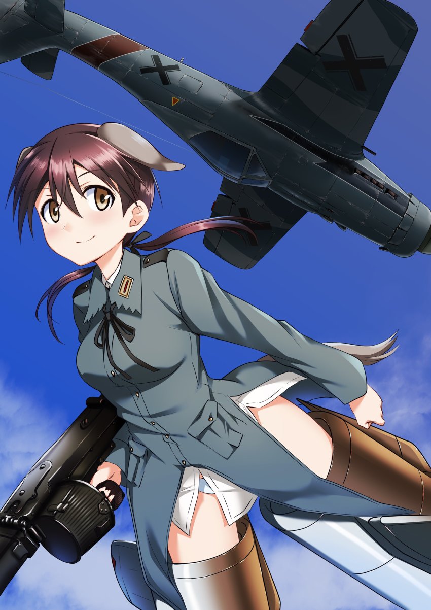 1girl a9b_(louis814) absurdres aircraft airplane animal_ears black_ribbon blue_sky brown_eyes brown_hair closed_mouth cloud cloudy_sky commentary_request day drum_magazine flying fw_190 gertrud_barkhorn grey_jacket gun hair_ribbon highres holding holding_gun holding_weapon jacket long_sleeves looking_at_viewer low_twintails machine_gun magazine_(weapon) medium_hair mg42 military military_uniform military_vehicle neck_ribbon no_pants outdoors panties propeller_fighter ribbon sky smile solo strike_witches striker_unit twintails underwear vehicle_request weapon white_panties world_witches_series