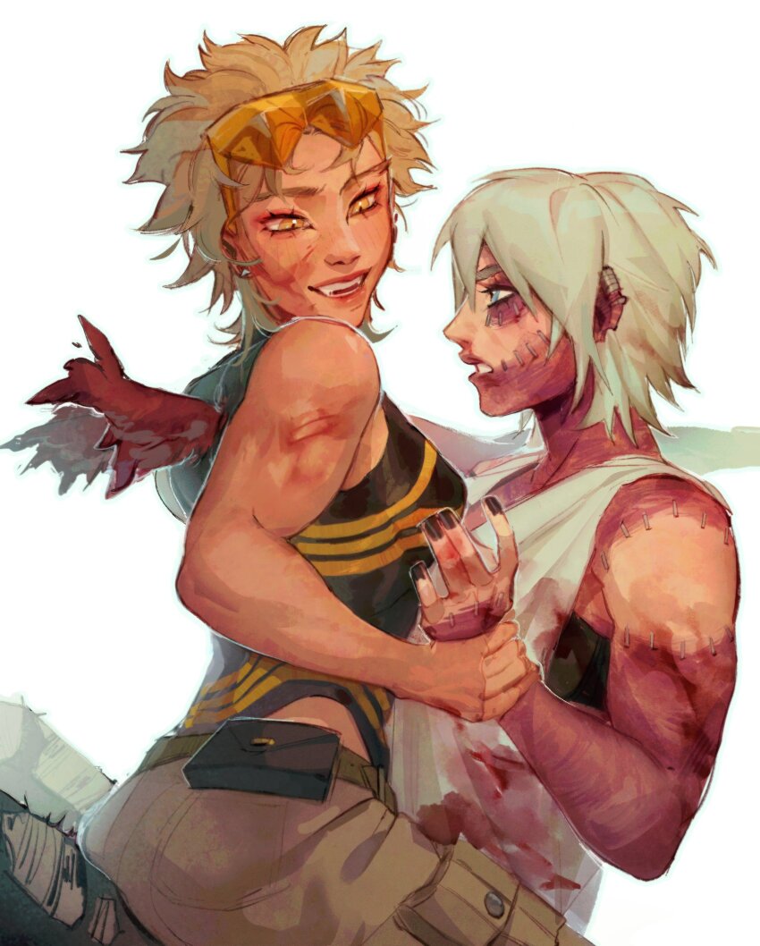 2400db 2girls biceps blood blood_on_clothes blue_eyes boku_no_hero_academia burn_scar dabi_(boku_no_hero_academia) eyeshadow eyewear_on_head fangs hawks_(boku_no_hero_academia) highres holding_another&#039;s_wrist injury makeup multiple_girls open_mouth orange_hair pink_hair red_eyeshadow scar shirt short_hair simple_background sitting sitting_on_lap sitting_on_person sleeveless sleeveless_shirt straddling sunglasses tank_top toned toned_female torn_wings upright_straddle white_background white_tank_top wings yuri