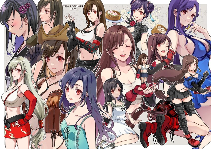 aged_down arm_guards black_hair brown_eyes brown_hair cowboy_hat cowgirl_(western) crisis_core_final_fantasy_vii crop_top dissidia_012_final_fantasy dissidia_final_fantasy dissidia_final_fantasy_nt dress final_fantasy final_fantasy_vii final_fantasy_vii_advent_children final_fantasy_vii_ever_crisis final_fantasy_vii_remake grey_hair hat highres long_hair looking_at_viewer low-tied_long_hair low_poly multiple_persona official_alternate_color official_alternate_costume official_alternate_hair_color quichi_91 red_footwear suspenders thighhighs tifa_lockhart tifa_lockhart_(cowgirl) tifa_lockhart_(exotic_dress) tifa_lockhart_(metalfoot) tifa_lockhart_(refined_dress) tifa_lockhart_(sporty_dress) vest