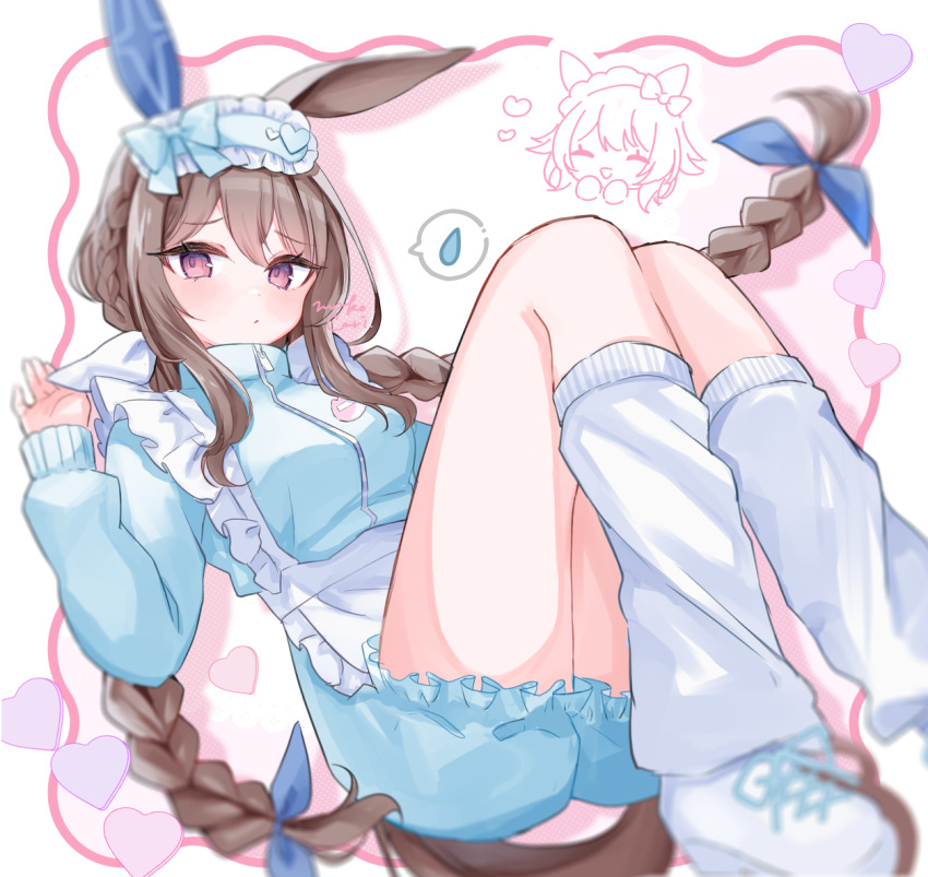2girls :d ^_^ admire_vega_(umamusume) animal_ears apron blue_jacket blue_ribbon blue_shorts blush braid breasts brown_hair chibi closed_eyes closed_mouth commentary_request curren_chan_(umamusume) frilled_apron frilled_shorts frills hair_ribbon hand_up heart horse_ears horse_girl horse_tail jacket jersey_maid long_hair long_sleeves low_twintails maid mask mask_on_head medium_breasts moko_(mokochisa) multiple_girls open_mouth puffy_long_sleeves puffy_sleeves ribbon short_shorts shorts sleep_mask sleeves_past_wrists smile solo_focus spoken_sweatdrop sweatdrop tail track_jacket twin_braids twintails umamusume unconventional_maid very_long_hair white_apron white_background