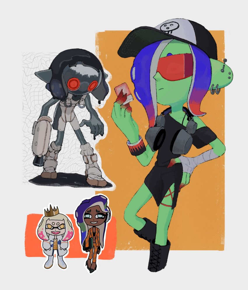 4girls aqua_skin bandaged_arm bandages baseball_cap black_dress black_footwear black_hair blue_hair bodysuit boots bracelet coat colored_skin computer crown dark-skinned_female dark_skin dedf1sh dress dripping earrings furrowed_brow grey_skin hair_over_one_eye hat headphones headphones_around_neck highres holding holding_laptop hyper_chikuwabu inkling jacket jelleton jewelry lace-up_boots laptop long_hair marina_(damp_socks_feat._off_the_hook)_(splatoon) marina_(splatoon) mask mini_crown mole mole_under_mouth multiple_earrings multiple_girls navel nintendo octoling off_shoulder open_clothes open_coat open_jacket orange_jacket orange_pants order_shot_(splatoon) pants parallel_canon_(splatoon) pearl_(damp_socks_feat._off_the_hook)_(splatoon) pearl_(splatoon) pointy_ears red-tinted_eyewear red_eyes sanitized_(splatoon) short_hair short_sleeves side_slit splatoon_(series) splatoon_3 splatoon_3:_side_order sunglasses tentacle_hair tinted_eyewear white_bodysuit white_coat yellow_dress