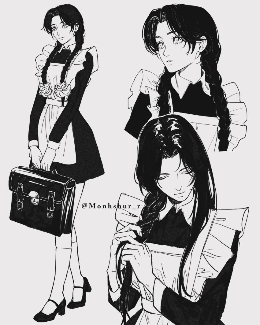 1girl apron braid commentary facebook_username highres long_hair low_twin_braids maid_apron monhshur_r monochrome original short_hair smile socks solo twin_braids tying_hair
