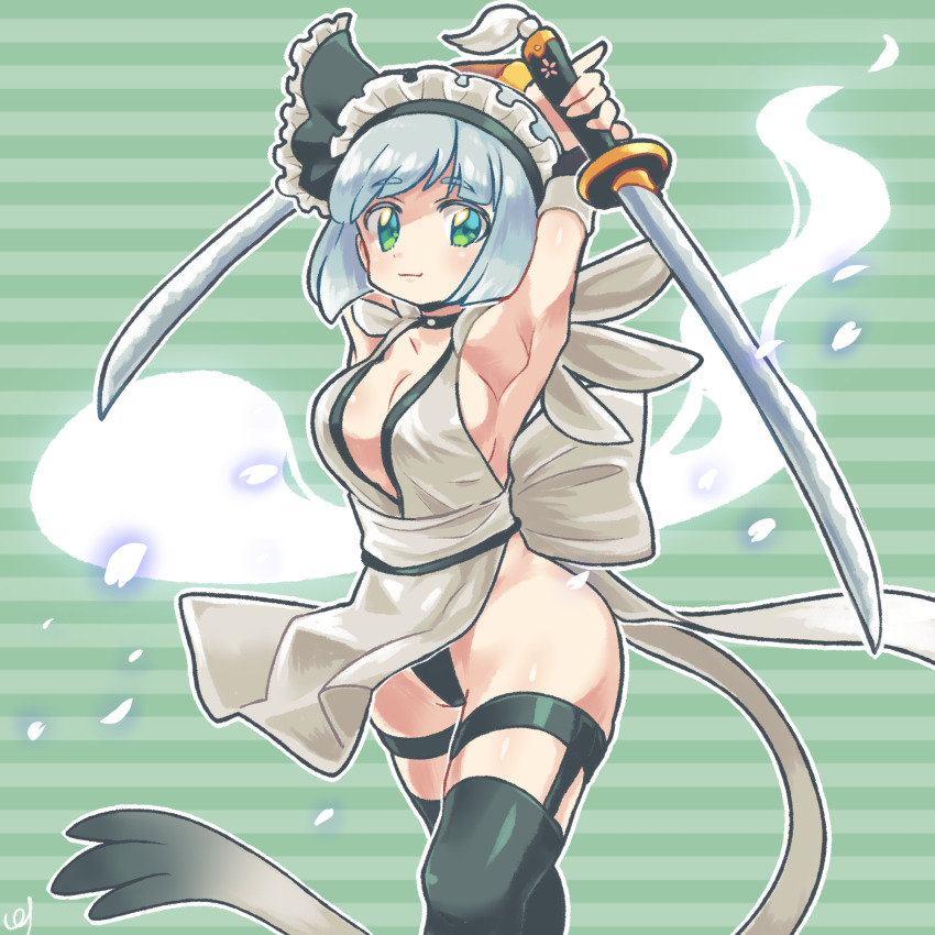 1girl armpits black_thighhighs breasts choker cleavage commission commissioner_upload cosplay detached_sleeves green_eyes grey_hair highres holding holding_sword holding_weapon iroha_(samurai_spirits)_(cosplay) konpaku_youmu konpaku_youmu_(ghost) maid maid_headdress maid_leotard medium_breasts multiple_swords open_mouth pmx samurai_spirits short_hair skeb_commission smile solo standing sword thighhighs touhou unconventional_maid weapon