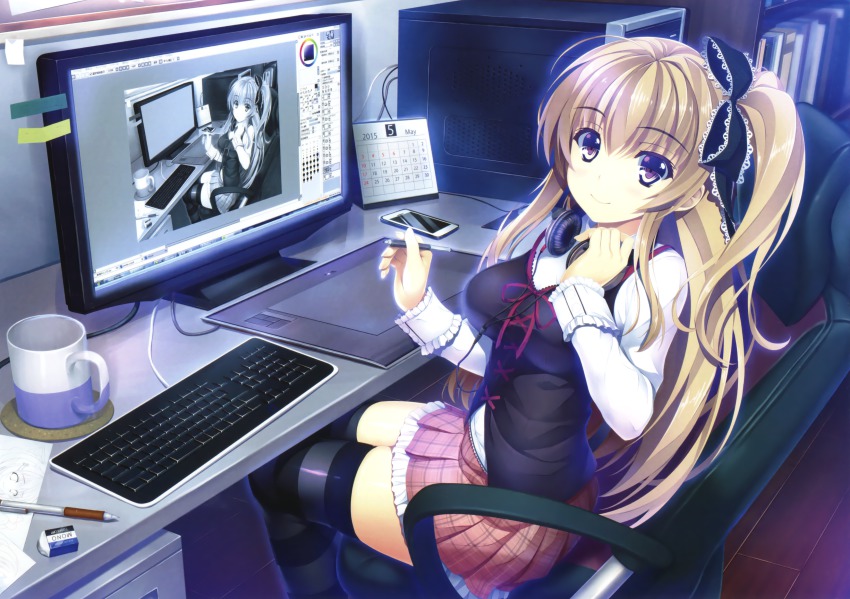 1girl absurdres aikawa_tatsuki blonde_hair blush bow breasts calendar_(object) cellphone chair computer computer_keyboard cup desktop_(computing) drawing drawing_tablet eraser female_focus from_side hair_bow hand_on_headphones headphones headphones_around_neck highres indoors large_breasts long_hair looking_at_viewer may microsoft_windows monitor mug office_chair original pen phone pleated_skirt ponytail purple_eyes recursion scan side_ponytail sidelocks sitting skindentation skirt smartphone smile solo striped_clothes striped_thighhighs stylus swivel_chair thighhighs windows_7 yuuki_hagure