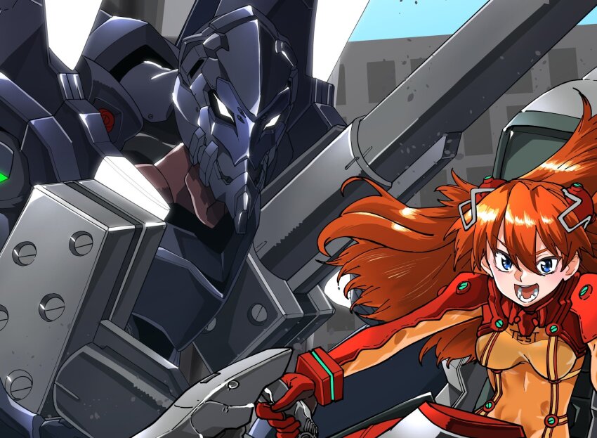 1girl amakawa_mayu blue_eyes blush bodysuit breasts cleavage eva_03 evangelion_(mecha) hair_ornament headgear highres interface_headset_(evangelion) long_hair mecha mecha_pilot_suit medium_breasts multicolored_bodysuit neon_genesis_evangelion open_mouth orange_bodysuit orange_hair plugsuit_(evangelion) rebuild_of_evangelion red_bodysuit robot science_fiction see-through_clothes skin_tight solo souryuu_asuka_langley test_plugsuit_(evangelion) two_side_up weapon