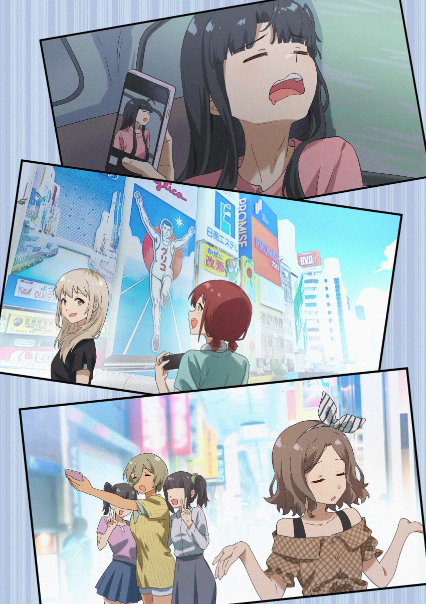 6+girls absurdres awa_subaru black_hair blue_shorts blue_skirt brown_shirt cellphone commentary drooling ebizuka_tomo english_commentary girls_band_cry glico glico_man grey_eyes grey_hair hair_between_eyes highres holding holding_phone iseri_nina kawaragi_momoka long_hair long_hair_between_eyes low_twintails mouth_drool multicolored_hair multiple_girls off-shoulder_shirt off_shoulder osaka_(city) parted_bangs phone pink_shirt plaid_clothes plaid_shirt real_world_location red_hair roots_(hair) rupa_(girls_band_cry) selfie shirt short_hair short_twintails shorts shrugging sidelocks skirt sleeping smartphone summer_left togenashi_togeari twintails