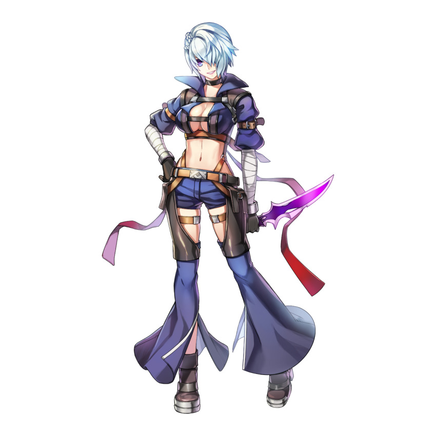 1girl abyss_chaser_(ragnarok_online) arm_wrap belt black_boots black_gloves blue_hair blue_shirt blue_shorts boots braid breasts brown_belt chest_harness cleavage crop_top dagger detached_pants full_body gloves grin hair_between_eyes hair_over_one_eye harness highres holding holding_dagger holding_knife holding_weapon knife large_breasts leona_(pixiv) long_bangs looking_at_viewer midriff navel official_art open_clothes open_shirt puffy_short_sleeves puffy_sleeves purple_eyes ragnarok_online reverse_grip shirt short_hair short_shorts short_sleeves shorts simple_background smile solo standing steel-toe_boots tachi-e thigh_strap transparent_background weapon