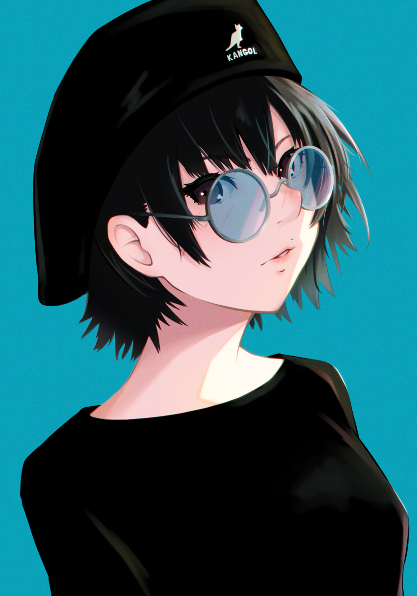 1girl absurdres amagami aqua_background beret bespectacled black_hair black_hat black_shirt breasts brown_eyes casual close-up clothes_writing expressionless from_side glasses hair_between_eyes hat highres lips long_sleeves looking_at_viewer medium_breasts nanasaki_ai oshizu parted_lips portrait round_eyewear shirt short_hair simple_background solo