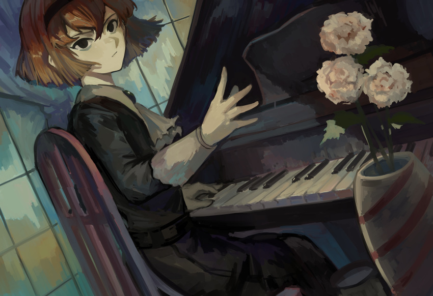 1girl absurdres ascot bags_under_eyes black_dress black_eyes closed_mouth commentary curtains dress expressionless flower highres instrument kornod long_sleeves looking_at_viewer music on_chair piano playing_instrument playing_piano r_dorothy_wayneright short_hair sitting solo the_big_o vase white_ascot white_flower window