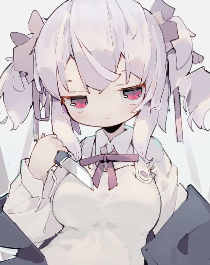 1girl absurdres apron black_jacket bow bowtie breasts brown_ribbon brown_scrunchie closed_mouth collared_shirt commentary_request dated_commentary expressionless hair_ribbon highres holding holding_knife jacket jacket_partially_removed jitome knife large_breasts looking_at_viewer medium_hair nep_(nep_76) original red_bow red_bowtie red_eyes ribbon sanpaku scrunchie shirt solo upper_body white_apron white_hair white_shirt