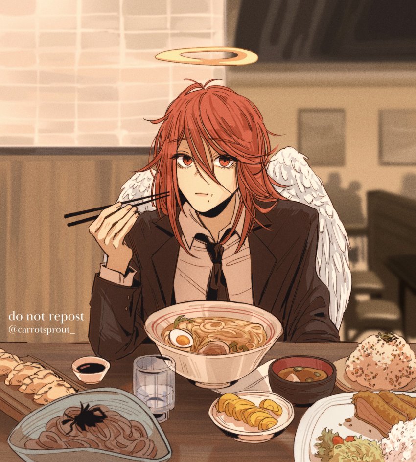 1boy angel angel_devil_(chainsaw_man) angel_wings black_jacket black_necktie bowl carrotsprout chainsaw_man chewing chopsticks collared_shirt crumbs cup dumpling feathered_wings food hair_between_eyes halo highres holding holding_chopsticks jacket jiaozi long_hair looking_at_viewer messy_hair necktie noodles orange_eyes orange_hair ramen restaurant rice salad shirt soba solo soy_sauce twitter_username white_shirt white_wings wings