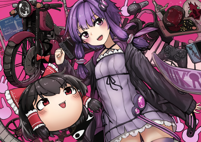2girls :d animal_hood black_hair black_jacket blush bottle bow cowboy_shot criss-cross_halter drawing_tablet dress film_reel food gap_(touhou) hair_bow hair_tubes hakurei_reimu halterneck headphones highres hood hood_down hooded_jacket instrument jacket ketchup keyboard_(instrument) legs_apart long_hair long_sleeves low_twintails microa motor_vehicle motorcycle multiple_girls nintendo_switch open_clothes open_jacket open_mouth pink_background playstation_controller power_lines purple_dress purple_eyes purple_hair purple_ribbon purple_thighhighs rabbit rabbit_hood red_bow red_eyes ribbon road_sign scp-173 scp_foundation short_dress sign skateboard sleeves_past_wrists smile steak stylus teeth thighhighs touhou twintails upper_teeth_only utility_pole v-shaped_eyebrows vocaloid voiceroid wine_bottle yukkuri_shiteitte_ne yuzuki_yukari zettai_ryouiki