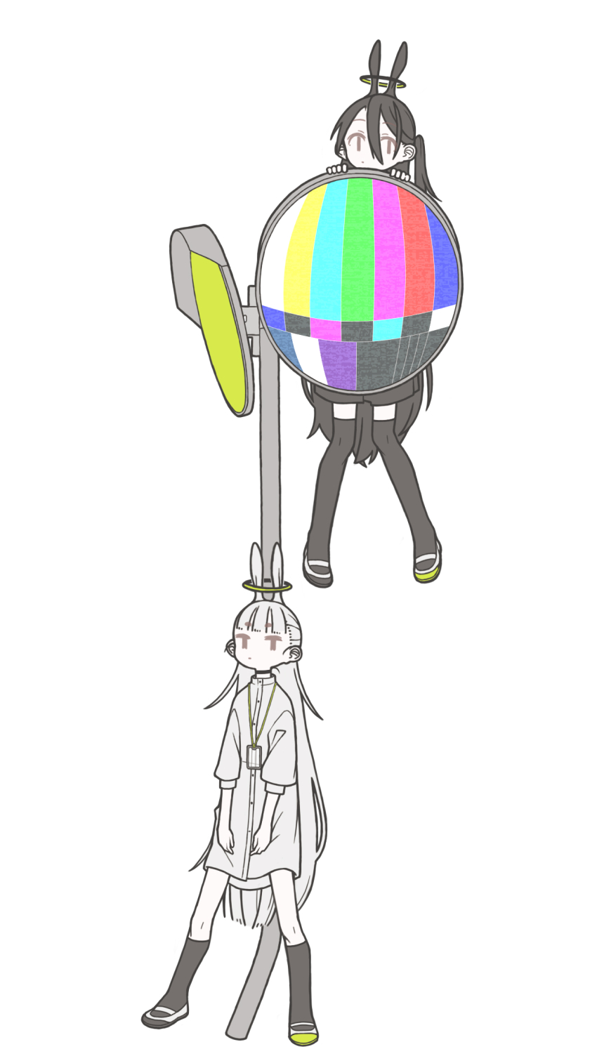 2girls against_object animal_ears asymmetrical_footwear black_hair black_socks black_thighhighs blunt_bangs brown_eyes dress expressionless full_body grey_dress grey_hair hair_between_eyes halo hanging_on highres hikimayu long_hair multiple_girls one_side_up original over-kneehighs pole rabbit_ears shoes short_dress simple_background three-quarter_sleeves socks test_card thighhighs traffic_mirror uewtsol uwabaki very_long_hair white_background