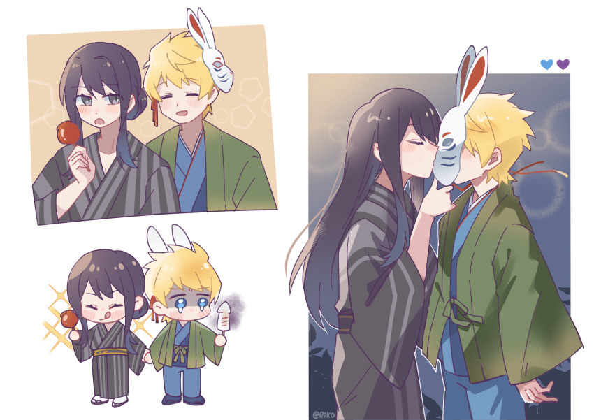 2boys :q absurdres black_hair black_kimono blonde_hair blue_kimono blue_pants blush_stickers candy_apple chibi chinese_commentary closed_eyes commentary_request flynn_scifo food green_haori haori heart highres holding holding_food ikayaki japanese_clothes kimono kiss kissing_mask long_hair male_focus mask multiple_boys open_clothes open_mouth pants rabbit_mask riko_shinkai shaded_face smile sparkle striped_clothes striped_kimono tales_of_(series) tales_of_vesperia teardrop tongue tongue_out wide_sleeves yaoi yuri_lowell