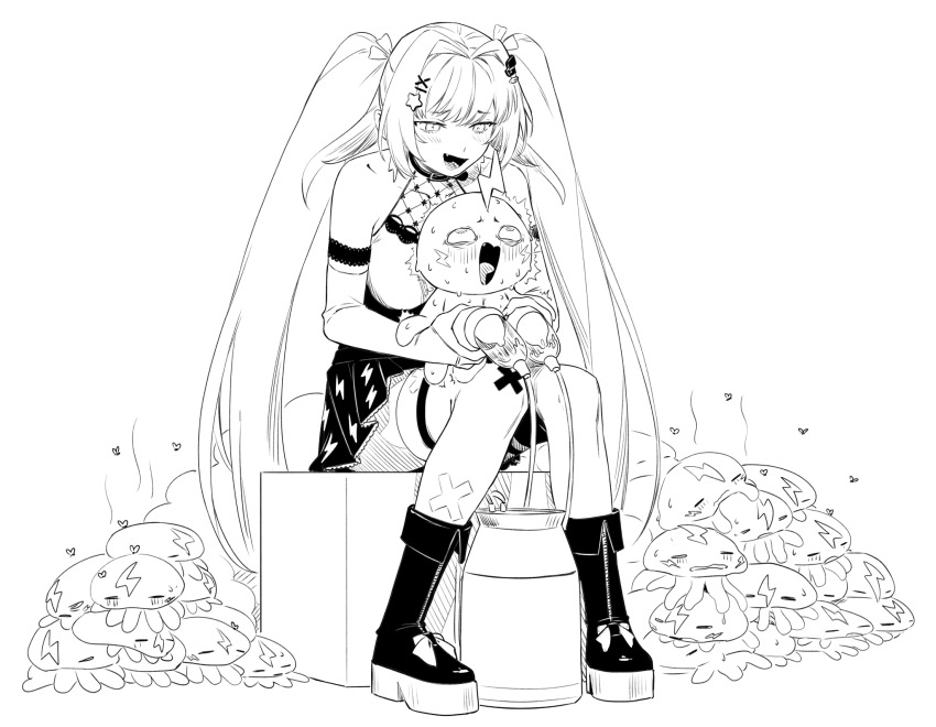 1girl agemmata bare_shoulders boots bridal_gauntlets greyscale hair_ornament heart highres jellyfish long_hair milk_churn milking_machine monochrome open_mouth phase_connect platform_boots rinkou_ashelia rinkou_ashelia_(lia_2.0) rolling_eyes simple_background sitting skirt smile star_(symbol) star_hair_ornament thighhighs thighhighs_under_boots twintails very_long_hair virtual_youtuber white_background