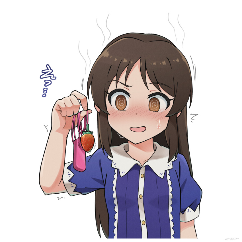 1girl @_@ ^^^ black_hair blue_dress blush breasts buttons collar collarbone collared_dress commentary_request dot_nose dress egg_vibrator eyelashes food fruit furrowed_brow hand_up highres holding idolmaster idolmaster_cinderella_girls idolmaster_cinderella_girls_u149 kim_da-yoon lace lace-trimmed_collar lace-trimmed_dress lace_trim long_hair nose_blush open_mouth parted_bangs pinching puffy_short_sleeves puffy_sleeves sex_toy short_sleeves shy sidelocks simple_background small_breasts solo steaming_body straight_hair strawberry sweat tachibana_arisu translation_request trembling upper_body vibrator white_background white_collar