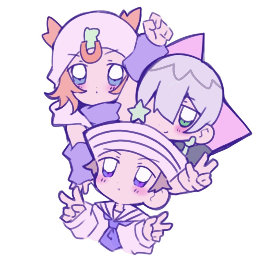 3boys blonde_hair blue_eyes blush brown_hair chibi chibi_only commentary_request cropped_torso dixie_cup_hat double_v earrings family green_eyes grey_hair hair_ornament hair_over_one_eye hand_up hat higashikata_josuke_(jojolion) highres hood hood_down hoodie horseshoe_hat_ornament horseshoe_ornament jewelry jodio_joestar johnny_joestar jojo_no_kimyou_na_bouken jojolion long_bangs long_sleeves military_hat multiple_boys rairack777 sailor sailor_collar shirt star_(symbol) star_hair_ornament steel_ball_run the_jojolands time_paradox v white_hat white_hoodie white_sailor_collar white_shirt wristband