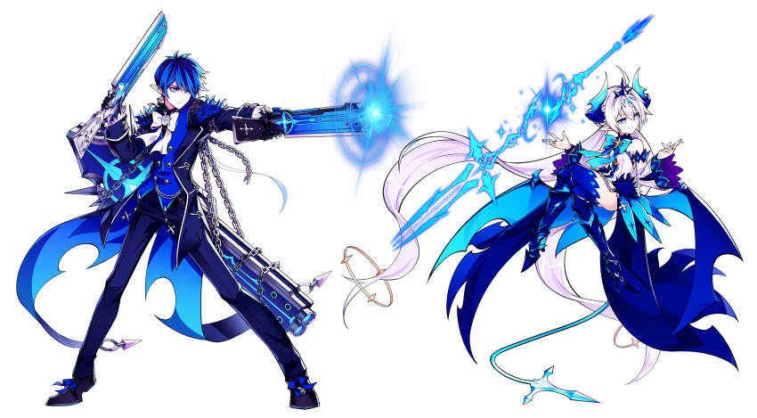 1boy 1girl absurdly_long_hair absurdres ahoge aiming armored_boots black_boots black_coat black_gloves black_pants black_shoes blue_bow blue_bowtie blue_coat blue_eyes blue_hair blue_horns blue_skirt blue_tail blue_theme blue_vest blue_wings boots bow bowtie brooch buttons chain chain_belt ciel_(elsword) claws closed_mouth coat coattails demon_girl demon_horns demon_tail demon_wings detached_sleeves dress dress_pants dress_shoes dual_wielding elsword floating floating_clothes floating_hair full_body fur-trimmed_dress fur-trimmed_sleeves fur_trim game_cg gloves gun hand_on_own_cheek hand_on_own_face high_heel_boots high_heels highres holding holding_cannon holding_gun holding_weapon horns huge_weapon hwansang jewelry knee_boots long_hair long_skirt long_sleeves low_wings luciela_r._sourcream magic non-web_source official_art open_clothes open_coat outstretched_arm pants pointy_ears second-party_source shoes short_dress showgirl_skirt skirt sleeve_cuffs smile sparkle standing strapless strapless_dress swept_bangs sword tachi-e tail thighs transparent_background two-sided_coat two-sided_fabric v-shaped_eyebrows very_long_hair vest weapon white_background white_bow white_bowtie white_hair white_sleeves wings