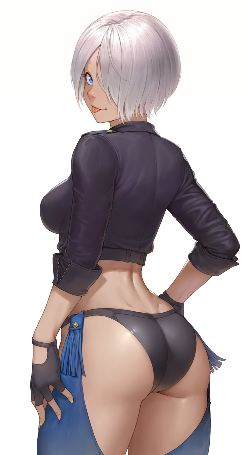 1girl angel_(kof) ass black_gloves black_jacket black_panties blue_eyes breasts butt_crack chaps cheshirrr commentary cropped_jacket fingerless_gloves fingernails from_behind gloves hair_over_one_eye hand_on_own_hip highres jacket large_breasts leather leather_jacket looking_at_viewer looking_back panties shiny_clothes shiny_skin short_hair simple_background sleeves_rolled_up smile snk solo the_king_of_fighters the_king_of_fighters_2001 thighs tongue tongue_out underwear white_background white_hair