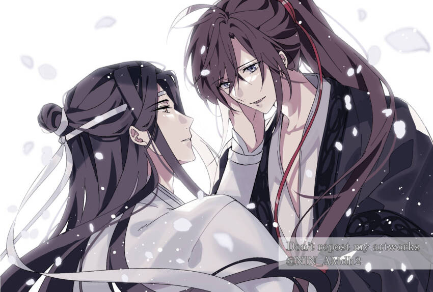 2boys ahoge bishounen black_hair black_hanfu brown_hair chinese_clothes english_text eye_contact falling_petals grey_eyes hair_between_eyes hair_ribbon hand_on_another&#039;s_cheek hand_on_another&#039;s_face hanfu headband high_ponytail hyottokoane lan_wangji long_hair long_sleeves looking_at_another male_focus modao_zushi multiple_boys parted_lips petals ponytail red_ribbon ribbon robe sidelocks simple_background snowing topknot twitter_username upper_body very_long_hair watermark wei_wuxian white_background white_hanfu white_headband yaoi yellow_eyes