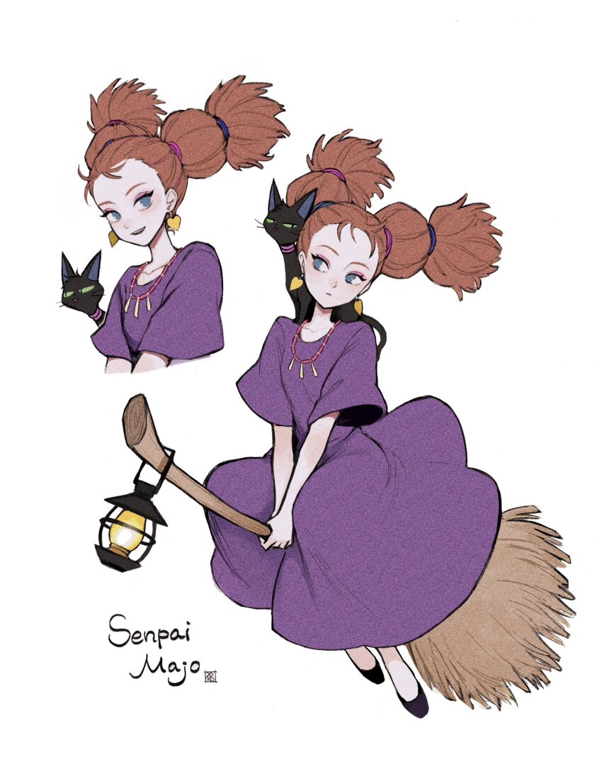 1girl animal animal_on_shoulder black_cat black_footwear blue_eyes broom broom_riding brown_hair cat cat_on_shoulder dress earrings highres jewelry lantern long_hair looking_at_viewer majo_no_takkyuubin multi-tied_hair multiple_views necklace own_hands_together purple_dress senior_witch_(majo_no_takkyuubin) shoes short_sleeves sideways_glance simple_background smirk twintails v_arms white_background yokotn