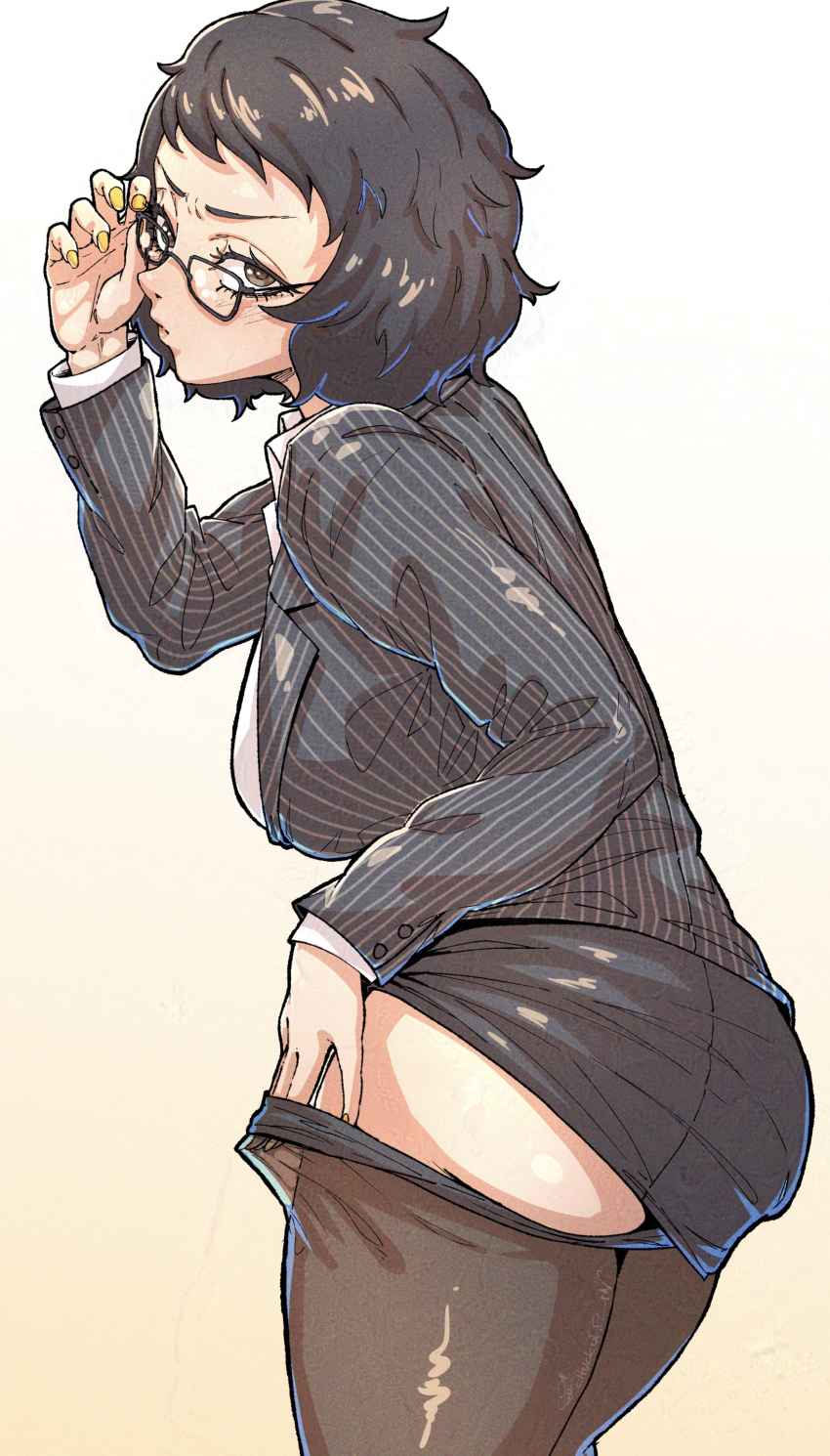 1girl absurdres adjusting_eyewear ass black_hair black_jacket black_pantyhose black_skirt breasts chuckuddin formal_clothes glasses highres jacket kawakami_sadayo large_breasts looking_at_viewer looking_back office_lady pantyhose persona persona_5 presenting shirt short_hair sketch skirt solo white_shirt yellow_nails