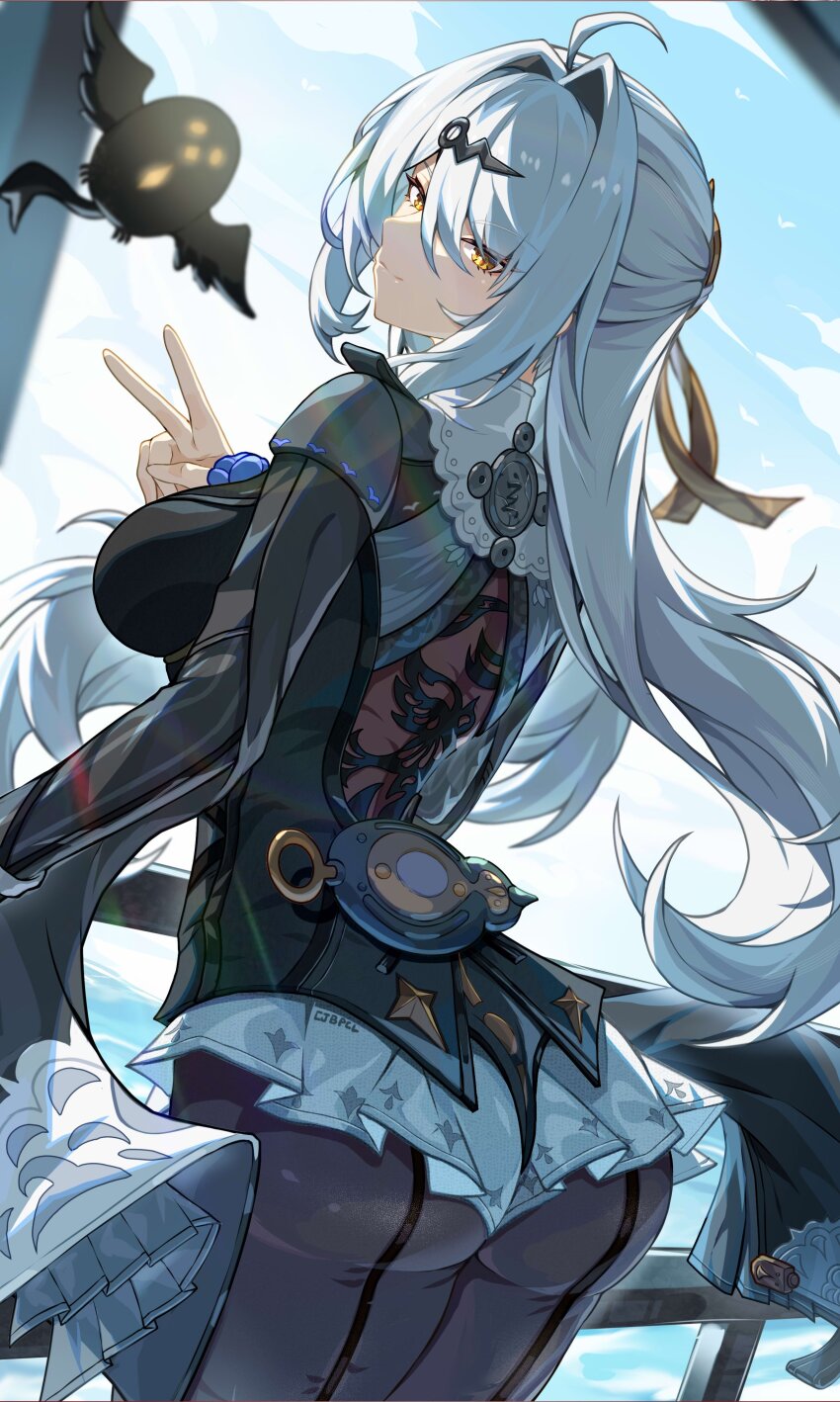 1girl absurdres ass back-seamed_legwear bird black_bird black_pantyhose blue_flower blue_rose bupa_chila flower flower_on_chest highres official_alternate_costume pantyhose rose seamed_legwear single_hair_intake solo yixuan_(trails_of_ink)_(zenless_zone_zero) yixuan_(zenless_zone_zero) zenless_zone_zero